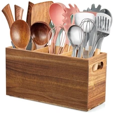 ALELION Acacia Wood Utensil Holder Organizer for Counter - Large Wooden Utens...