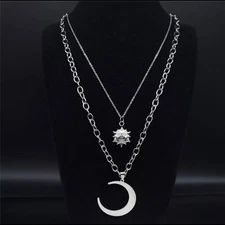 Silver Crescent Moon Layered Necklace with Sun Charm