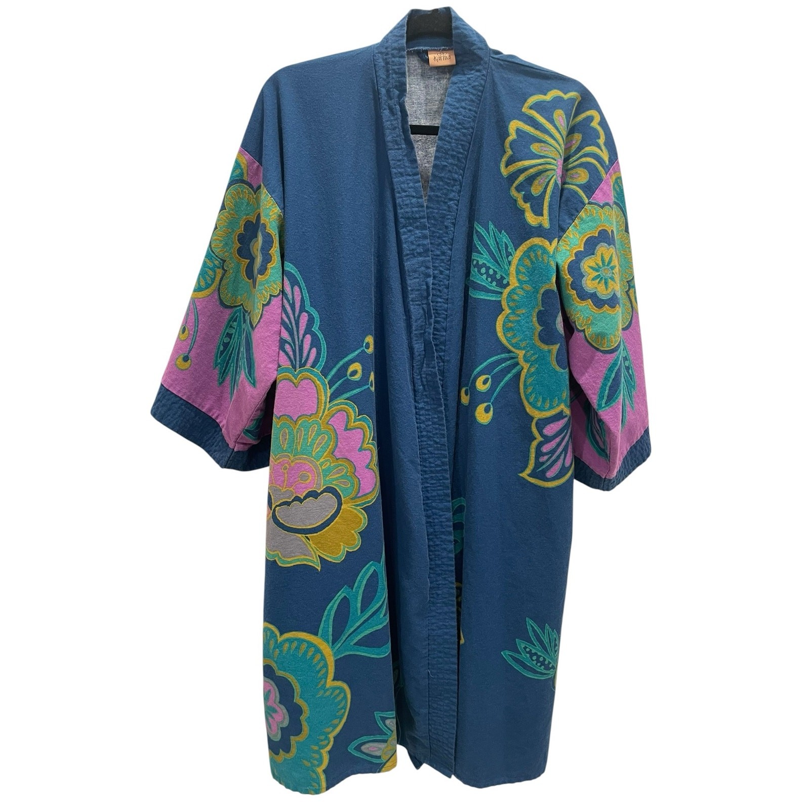 Karma Boho Embroidered Kimono Jacket Duster Open Front Floral Blue OS No Belt