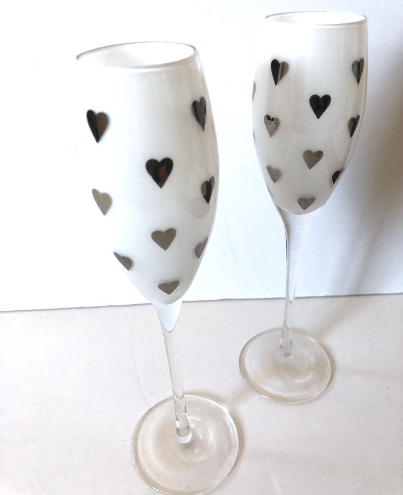 Set of 2, Valentine's White Heart Champagne Glasses 10" Tall with 2" rim