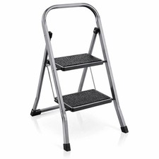 2 Step Stool Folding Steel Ladder Slim 4.5cm Portable 150kg Heavy Duty