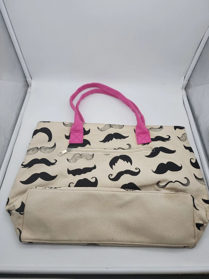 Mustaches Canvas Tote Handbag Bag Shopper 17” x 12” Pink Zipper Lined - Image 2 of 4