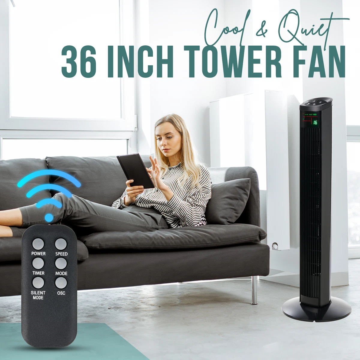 36u0026#034; Tower Fan Oscillating 3 Speeds w/ Remote Control Timer Moving Head  Black | eBay