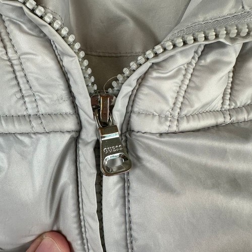 GUESS Los Angeles Silver Puffer Jacket Ecopelliccia Cappuccio Cappotto Invernale L/G - Foto 2 di 11