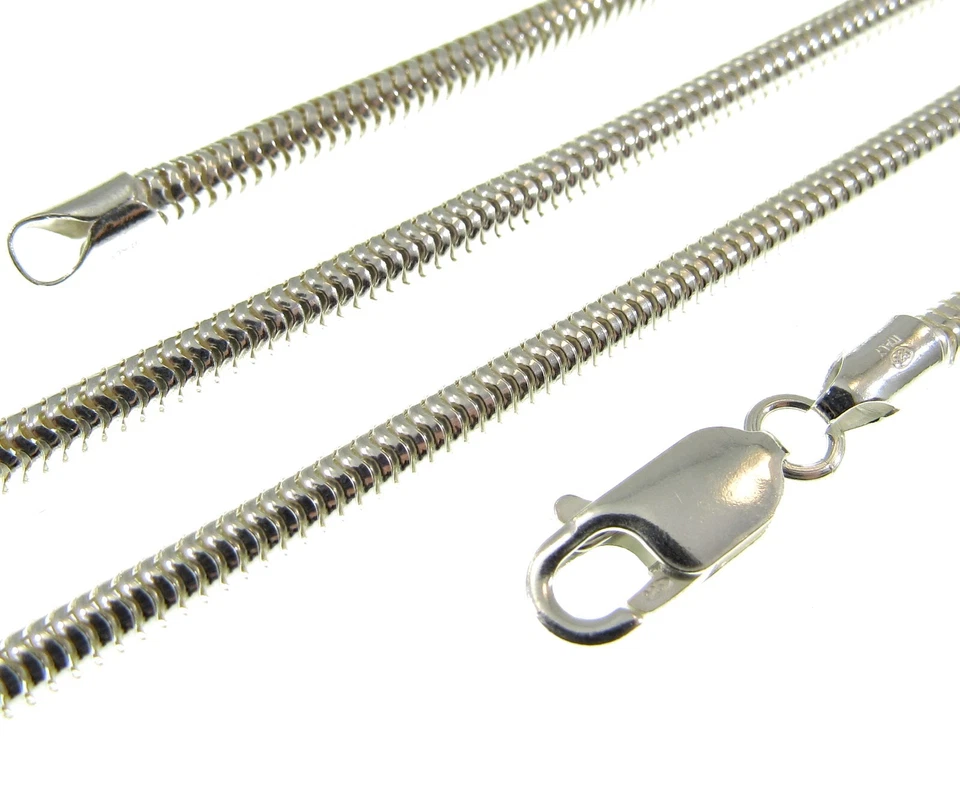 Collar Cadena Serpiente Redonda Italiana Plata de Ley 925 Sólida de 3MM, Hecho en Italia