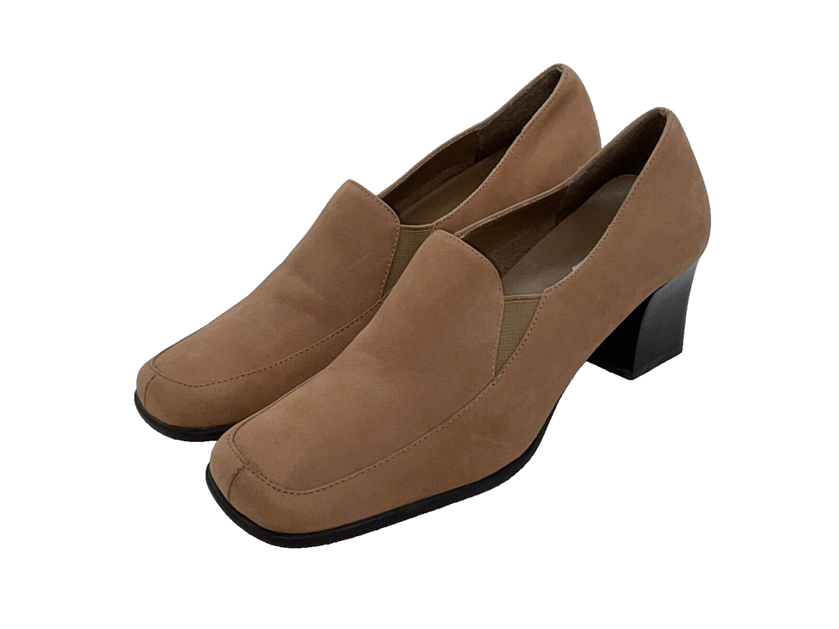 AEROSOLE Stacked Heels Slip on Loafer Shoes Tan NWT Size No Box