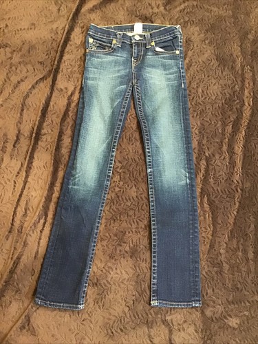 True Religion Girl's Size 14 Skinny Jeans yellow stitching dark wash