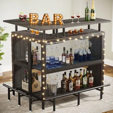 4-Tier Home Pub Bar Table L-Shaped Freestanding Corner Wine Cabinet Wood & Metal