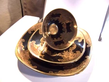 vintage RW Rudolph Wachter Bavaria Teacup Saucer plate set black w/ ornate gold