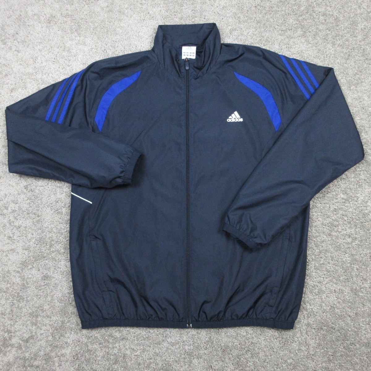 Adidas Jacket Mens Extra Large Black Blue Stripe Windbreaker Coat