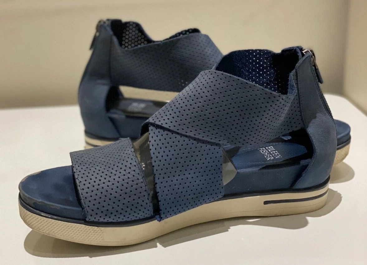 Eileen Fisher Sandals Women s Sz 8 Blue Wedge Perforated Nubuck
