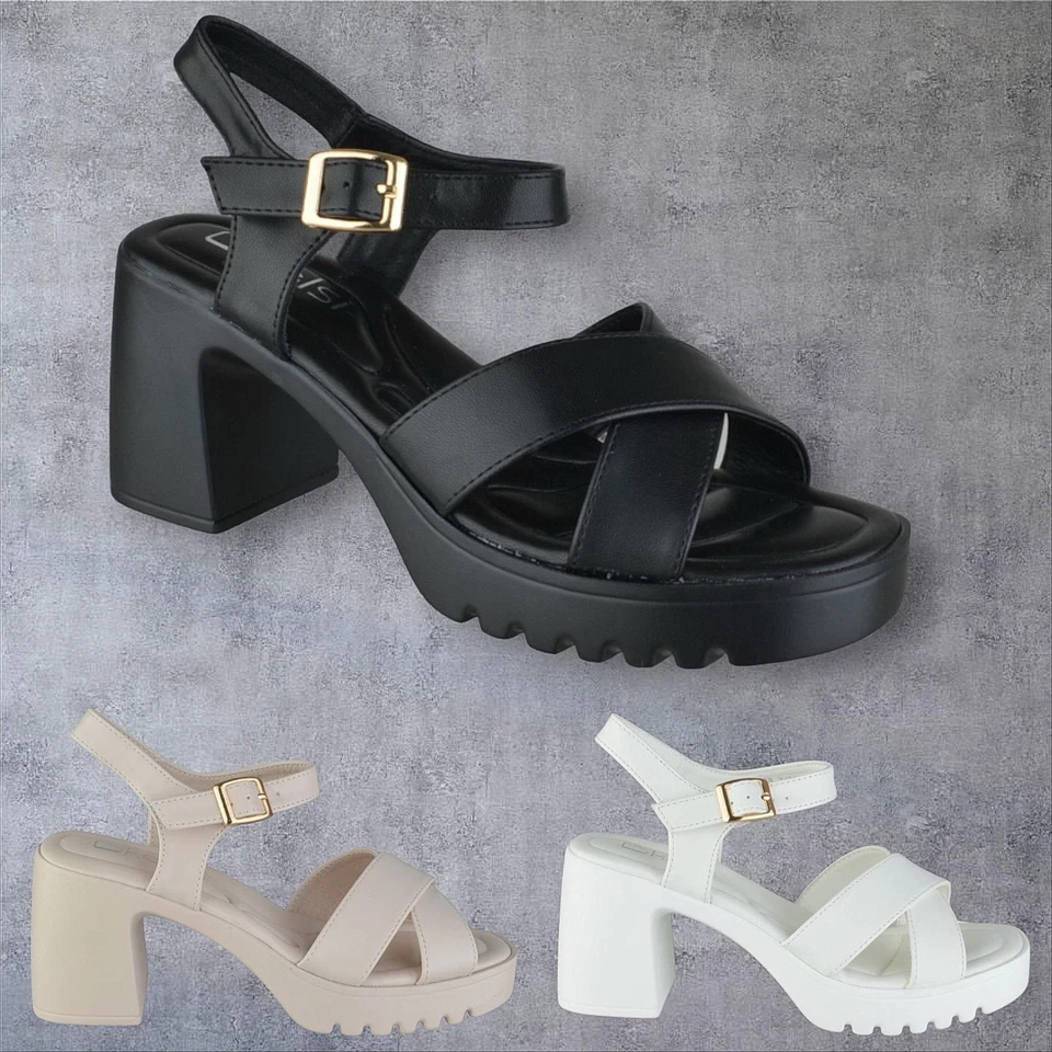 LADIES WOMENS ANKLE STRAP CHUNKY BLOCK HEEL CROSSOVER STRAPPY SANDALS SHOE SIZE