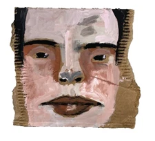 Original Outsider Art Primitive Man Portrait Painting Torn Cardboard Art