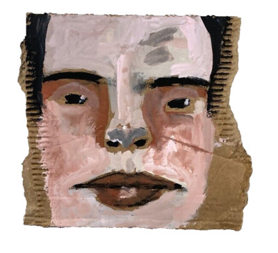 Original Outsider Art Primitive Man Portrait Painting Torn Cardboard Art