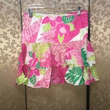 Lilly Pulitzer Vintage Hot Pink Multi-Color Parrot Ruffle Tiered Skirt Size 4