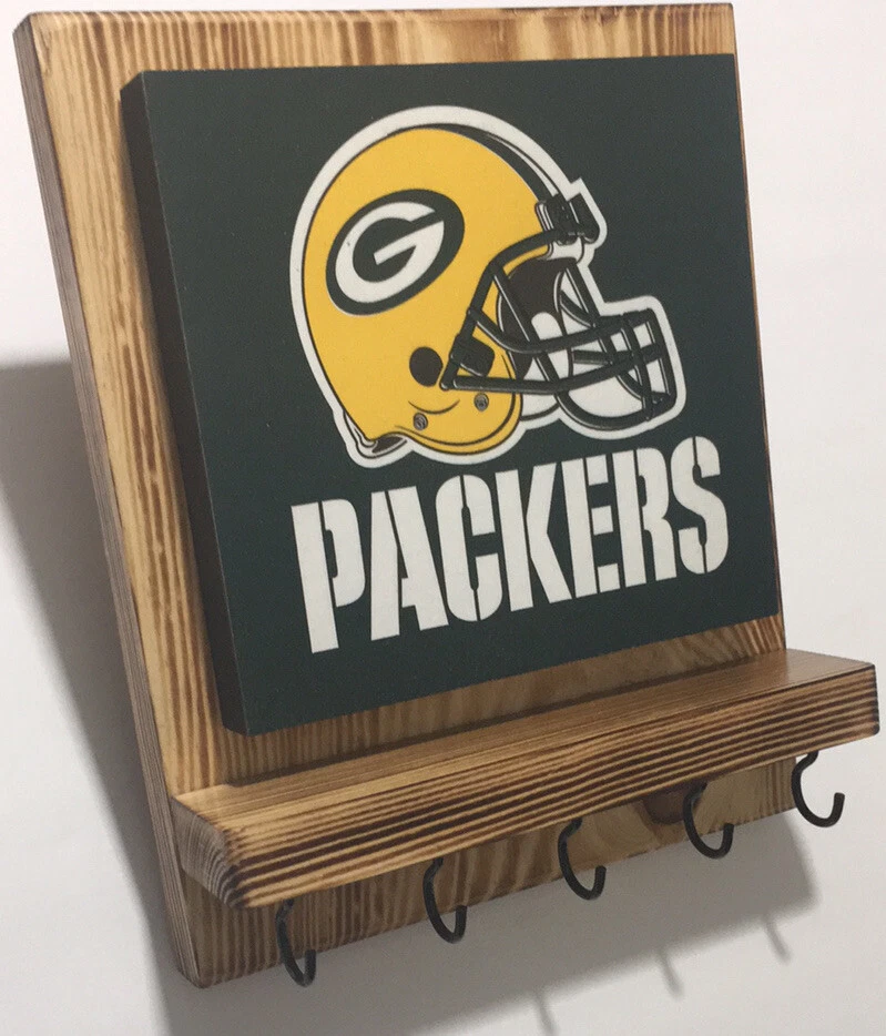 Green Bay Packers Rustic Plaque wall Decor key hanger holder organizer - Image 2 of 4