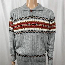Vintage 80s JCPenney Men's XL Gray Brown Fair Isle Cable Knit Collared Sweater