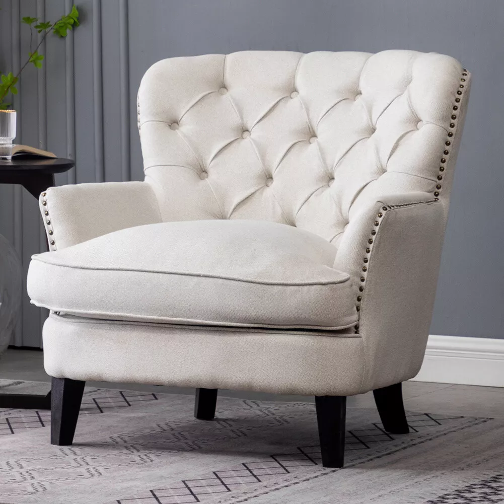 Chesterfield Accent Chairs Buttoned Back Linen Fabric Seats
