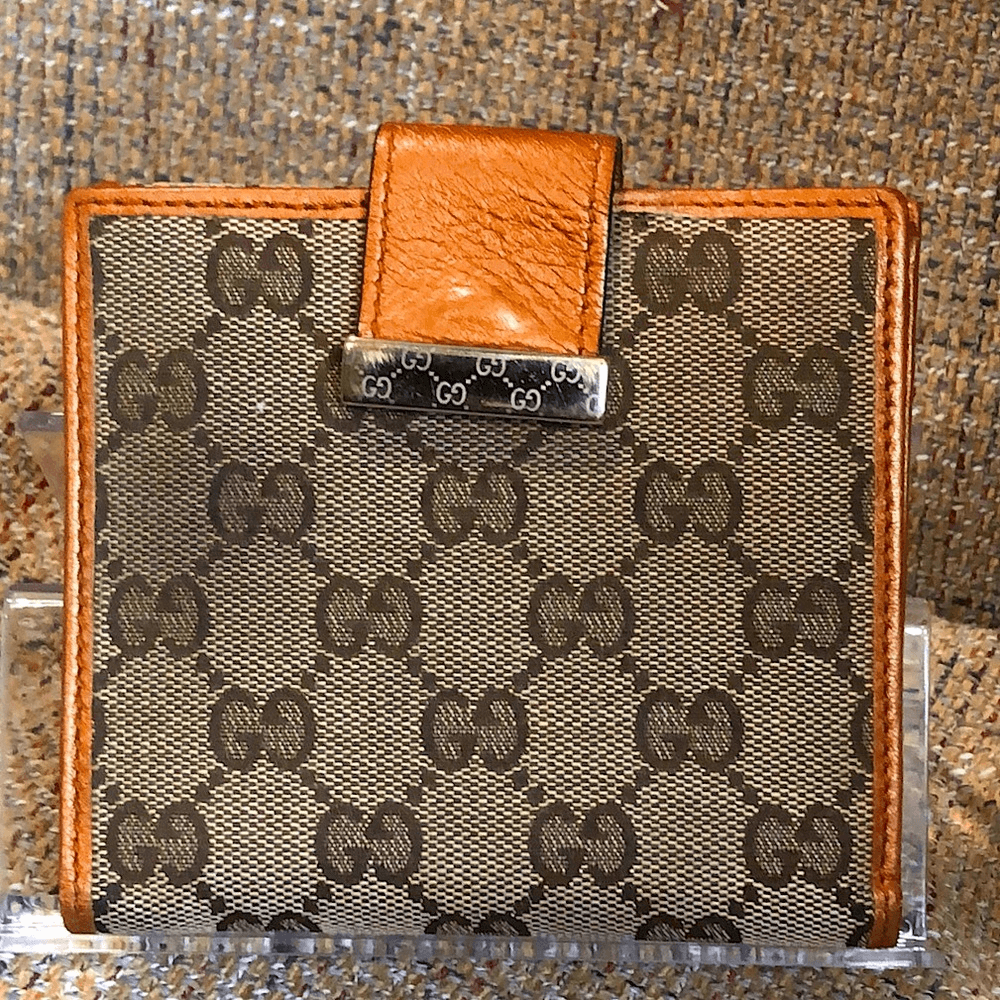 GUCCI GG Monogram Canvas Burned Orange Leather Trifold Wallet