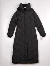 Steve Madden Long Chevron Puffer Maxi Coat Hooded Womens XS Black NEW