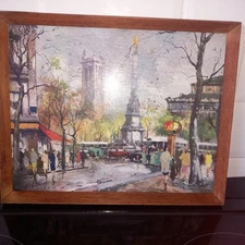 Vintage Paris Street Scene by Francois Claver -Wood Frame-Under Glass-26cm x32cm