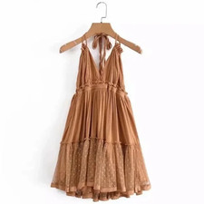 Boho SwissDot Khaki Halter Mini Dress