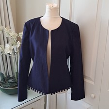 J.Crew Factory Navy Linen Blend Cropped Lined Open Blazer Pom-Poms Hem S-M