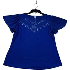 NY Collection Blouse Womens Size Medium Petite PM Blue Short Sleeve  New