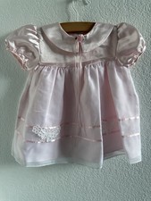 Vintage JoLene Pink Satin A-Line Baby Dress 18M Flower Lace Accent Short Sleeve