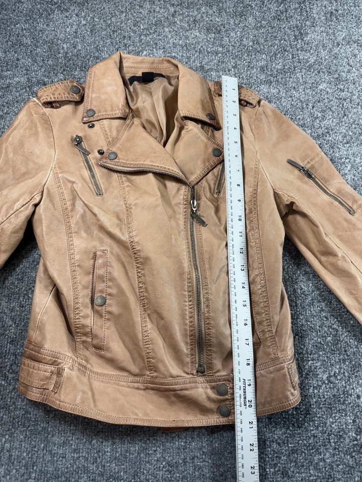 XXI Chaqueta Mujer Medio Tostado Imitación Cuero Muesca Solapa Cremallera Completa Chaqueta Motocicleta Foto 4 de 4