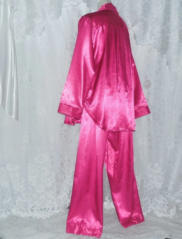 VTG 80s UNWORN L/XL GO SOFTLY 2 PC LONG FUCHSIA SATIN FLANNEL BACK PAJAMAS PJ - Image 2 of 4