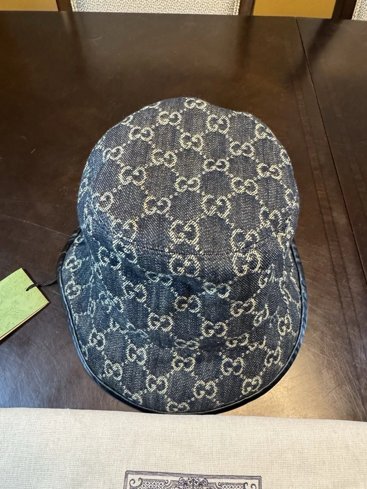 New Gucci GG Supreme Logo Denim Black Gray Bucket Hat Size S - Image 3 of 4