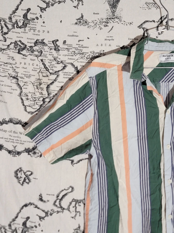 Camisa Hurley Para Hombre Rayas Manga Corta Abotonada Talla S Verde Naranja Informal Foto 4 de 4