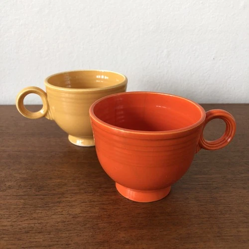 Old Rare Vintage Red Orange Fiesta Radioactive Red And Yellow Glazed Tea Cups