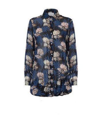GANNI Park Row Floral Georgette Longshirt, Größe L, blau/schwarz/creme