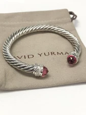 David Yurman 7mm Cable Crossover Bracelet 925 Silver Tourmaline & Diamond