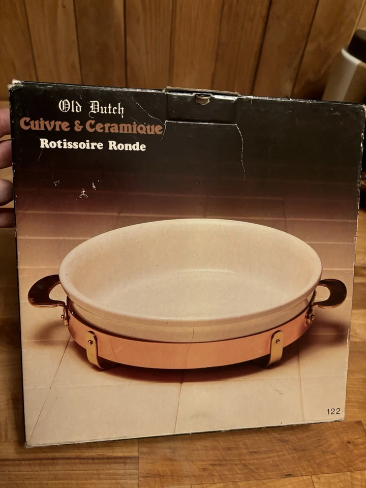 Plato para hornear redondo holandés antiguo holandés de cobre y cerámica con detalles de latón nuevo en caja Foto 4 de 4