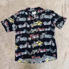 VTG Paradise Found Hawaiian Shirt Mens L Motorcycle All Over Print Button Down