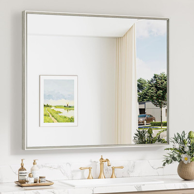 Brushed Nickel Beveled Bathroom Mirror 42x36, Farmhouse Style, Versatile Hang