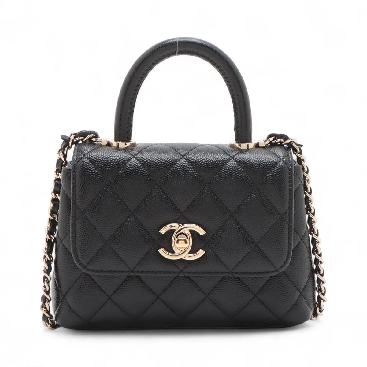 Chanel Coco Handle Mini-mini Caviar Skin 2 Way Shoulder Bag Black Gold Metal Fit