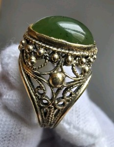 Authentic Vintage Jade Soviet Sterling Silver 875 Ring, gold plated, Women's 7.75