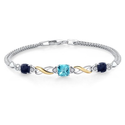 2.61 Ct Cushion  Swiss Blue Topaz Sapphire 925 Silver and 10K Yellow Gold