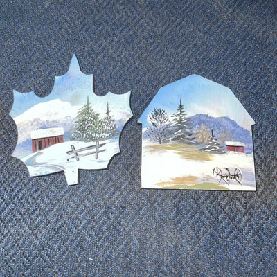 2 Hand Painted Winter Scene Refrigerator Magnets - Maple Landmark - Barn 