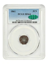 1861 3CS PCGS/CAC MS64 - Three Cent Silver - Civil War Date