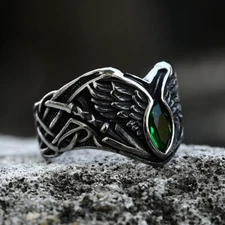 Green Crystal Angel Wings Ring Stainless Steel Male Female Vintage Wedding Ring