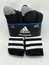 NEW 6 PAIR PACK ADIDAS MENS CREW THREE STRIPE SOCKS SIZE 6-12 CUSHIONED BLACK/WH