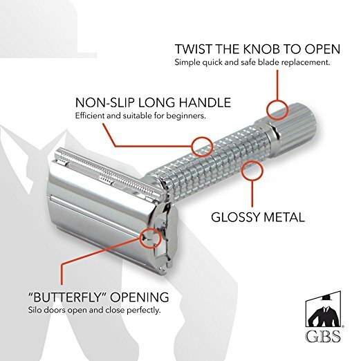 GBS Polished Chrome Steel Butterfly Safety Razor with Case and Blades
