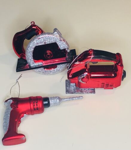 Lot of 3 Red Glitter Power Tool Drill & Jig & Skill Saws Christmas Ornaments New - Picture 1 of 2
