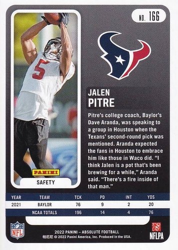 2022 Panini Absolute - Rookies Jalen Pitre #166 (RC) - Texans - Picture 2 of 2