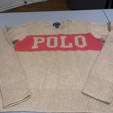 Polo RALPH LAUREN Youth Unisex SWEATER BEIGE RED Cable Knit Sz M 8-10